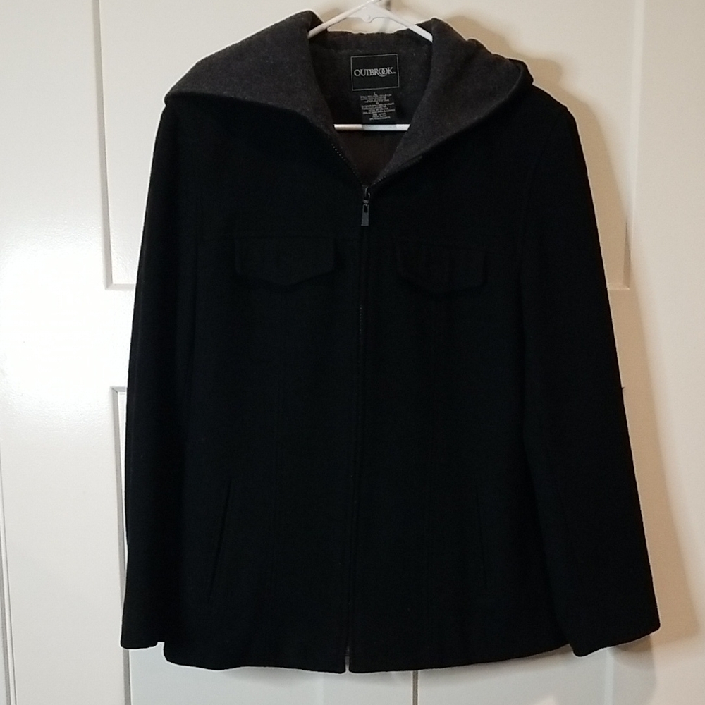 Outbrook Zip Up Black & Gray Wool Coat With Hood & Pockets Size Large GUC